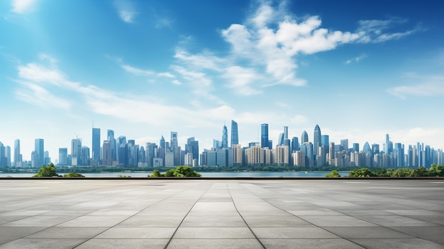 Leerer quadratischer Boden und modernes Skyline-Panorama der Stadt