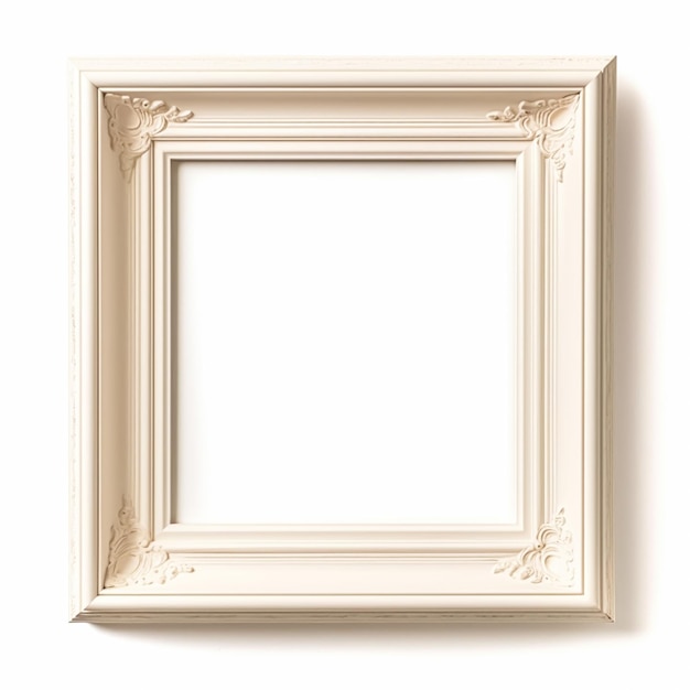 Leerer, quadratischer Vintage-Rahmen aus weißem Holz, isoliert auf weißem Hintergrund für Wandkunst-Attrappe, generative KI