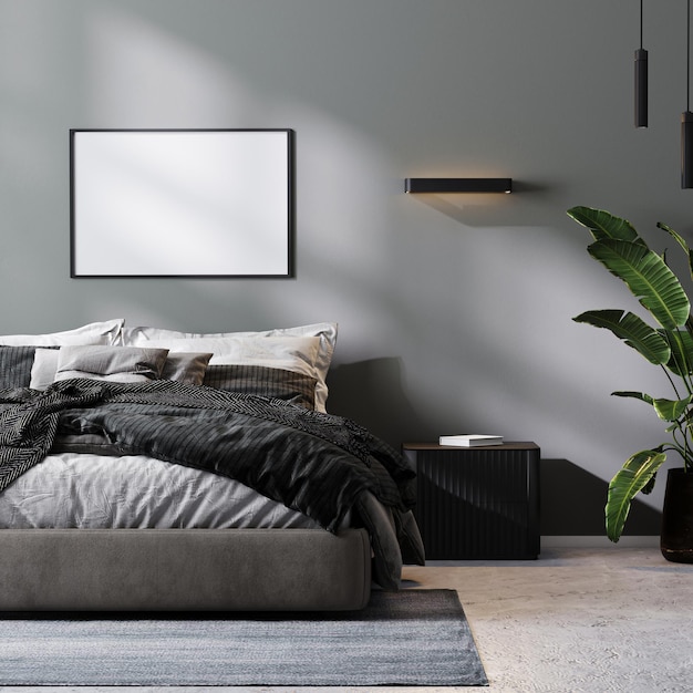 Leerer Rahmen im modernen Schlafzimmer-Interieur in Grautönen, 3D-Rendering