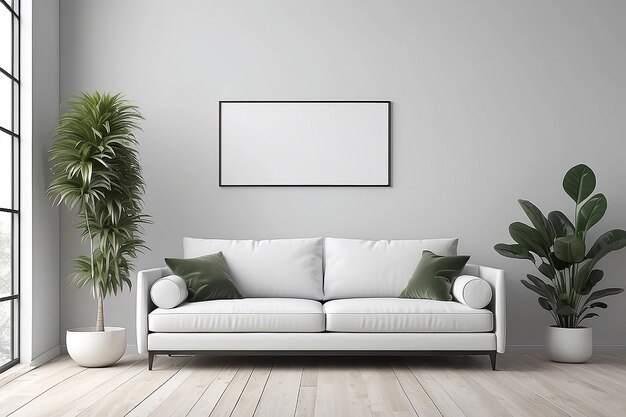 Leerer Rahmen Mock-up minimalistisches weißes Sofa mit Pflanze in 3D-Rendering