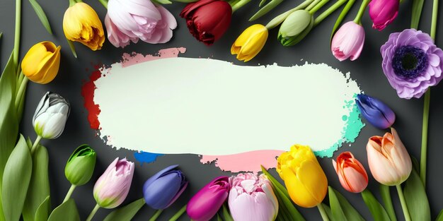 Foto leerer rahmen umgeben von bunten frühlingsblumen generative ai