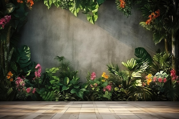 Leerer Raum an der Wand umgeben von wunderschönen Blättern und Blumen und wunderschöner Beleuchtung. Rahmen aus grünen Blättern. Illustration: Generative KI