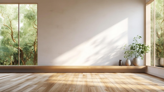 Leerer Raum eines modernen Lofts mit Holzboden und großen Fenstern zum Garten. Kopierraum. Generative KI