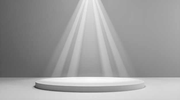 Leerer Raum eines runden weißen Podiums oder Podestals im Studio mit Spotlicht auf grauem Hintergrund