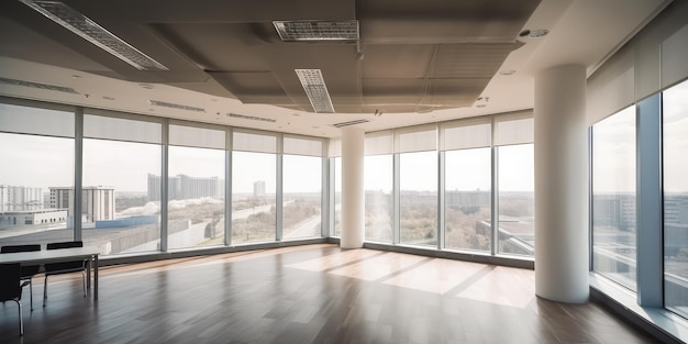 Leerer Raum im Büro mit großem Fenster mit Blick auf das Stadtzentrum Generative AI AIG18