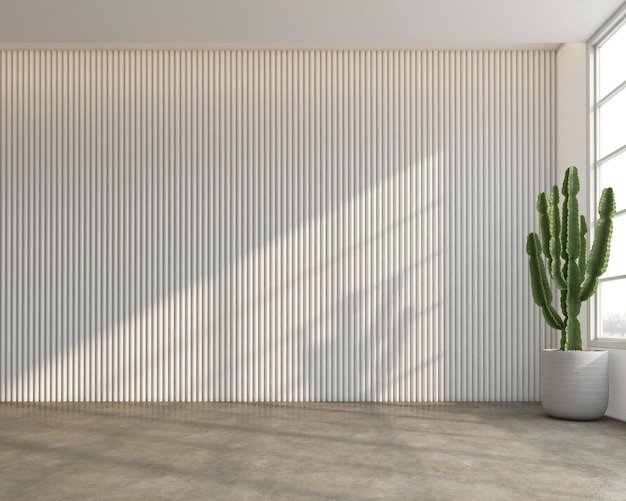 Leerer Raum im Loft-Stil mit minimalistischer weißer Lamellenwand 3D-Rendering