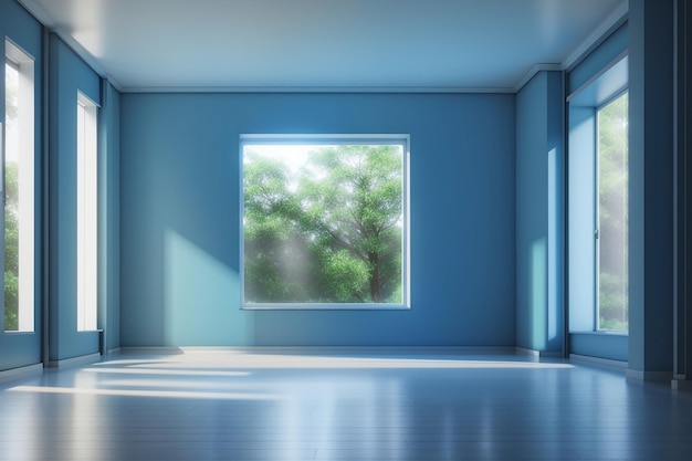 Leerer Raum in Blau mit Licht aus dem Fenster in 3D-Rendering