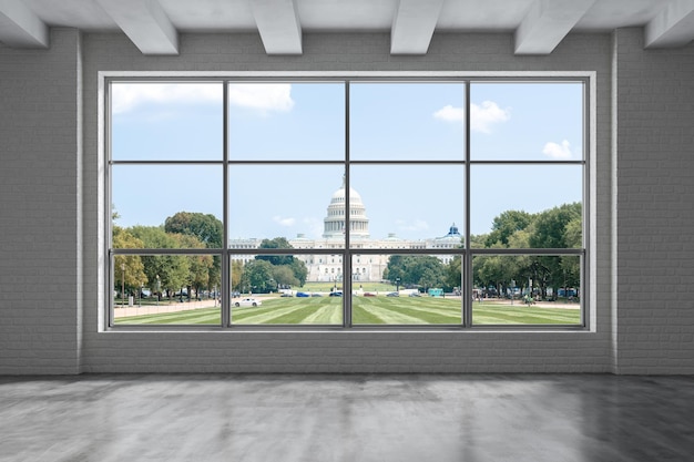 Leerer Raum Innenansicht zum Capitol Dome Stadtbild Washington City Skyline Fensterhintergrund Schöne Immobilien Tageszeit 3D-Rendering