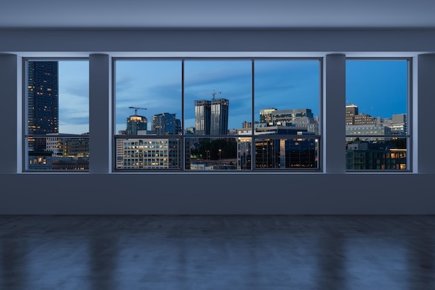 Leerer Raum Innenraum Wolkenkratzer anzeigen Stadtbild Innenstadt von Seattle City Skyline Gebäude aus Hochhausfenster Schöne Immobilien Nachtzeit 3D-Rendering