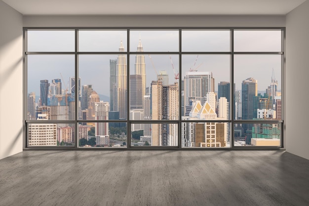 Leerer Raum Innere Wolkenkratzer anzeigen MalaysiaDowntown Kuala Lumpur City Skyline Gebäude aus dem Hochhausfenster Schöne teure Immobilien mit Blick auf den Sonnenuntergang 3D-Rendering