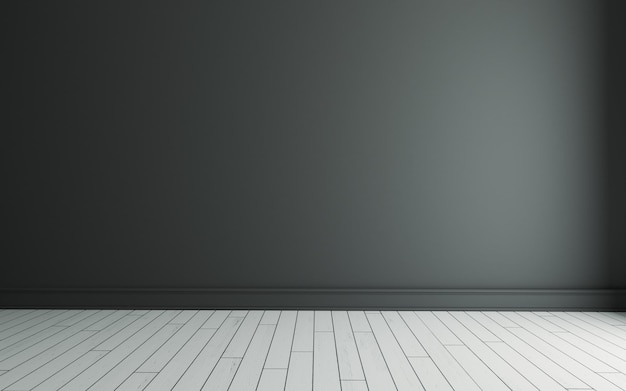 Leerer Raum mit bemalter schwarzer Wand und weißem Holzboden, realistische 3D-Darstellung