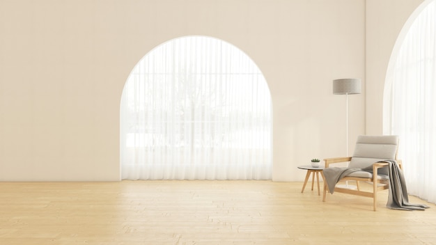 Leerer Raum mit Bogenfenster und weißer Wand, minimalistischem Sessel und Beistelltisch, Stehlampe. 3D-Rendering