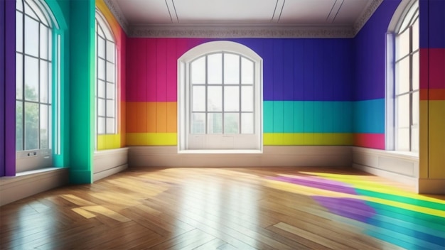 Leerer Raum mit der regenbogenfarbenen Wand