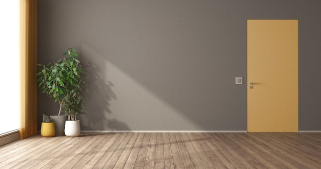 Leerer Raum mit gelber bündiger Wandtür und Zimmerpflanzen - 3D-Rendering
