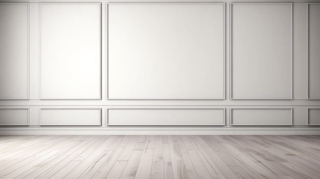 Leerer Raum mit Holzboden und weiß getäfelten Wänden. Generative KI