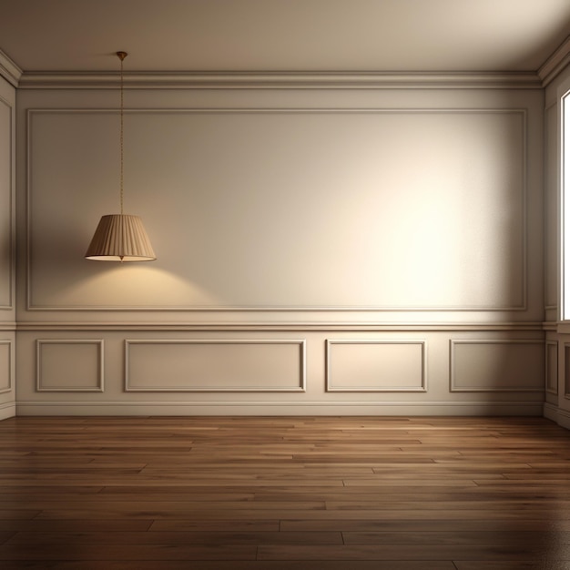 Leerer Raum mit Holzboden und weißer Lampe auf dem Lampenständer