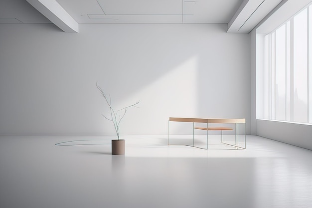 leerer Raum mit Holztisch und weißer Wand 3D-Renderingleerer Raum mit Holztisch und weißen Wand