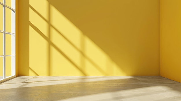 Foto leerer raum mit minimalistischem gelben wandhintergrund mit sonnenschatten für die produktpräsentation