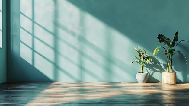 Leerer Raum mit minimalistischem, weichfarbenem Wandhintergrund mit Sonnenschatten für die Produktpräsentation