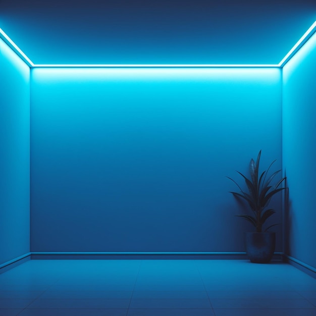 Leerer Raum mit Neonlicht und blauen Wänden
