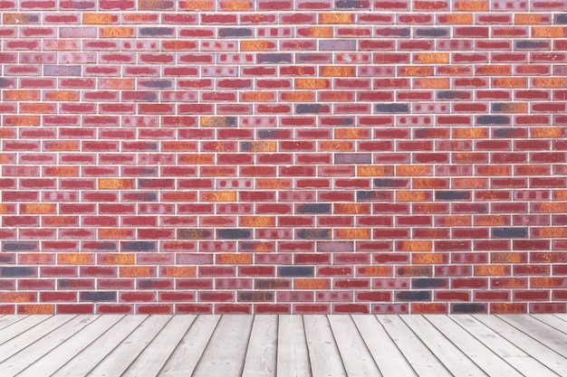 Leerer Raum mit Red Brick Grunge Wall und Plank Holzboden extreme Nahaufnahme. 3D-Rendering