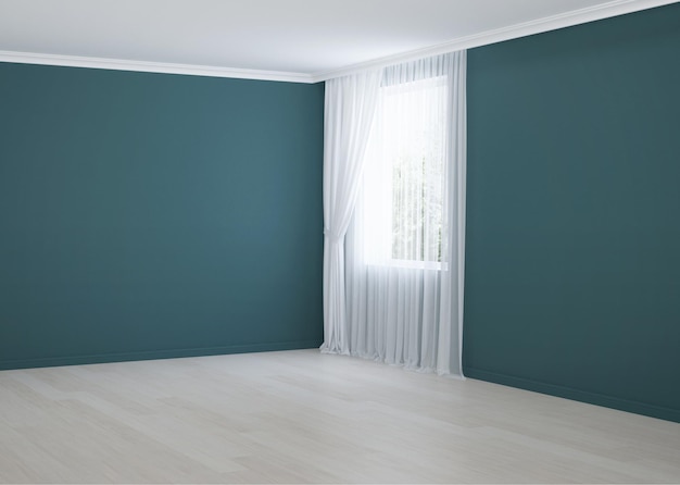Leerer Raum mit türkisfarbenen Wänden und mit einem Vorhang am Fenster. 3D-Rendering.