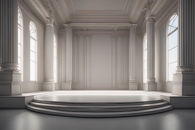 Leerer Raum mit weißen Wänden und Säulen in einem modernen, klassischen, weißen, klassischen 3-D-Interieur