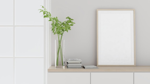 Leerer Raum Wohnzimmer Innenfenster Tisch Bücher Blumenvasen Mockup Posterrahmen Naturlicht Produkt 3Drender