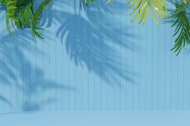 Leerer Raumhintergrund mit Palmblatt und Schatten an der Wand. 3d rendern.