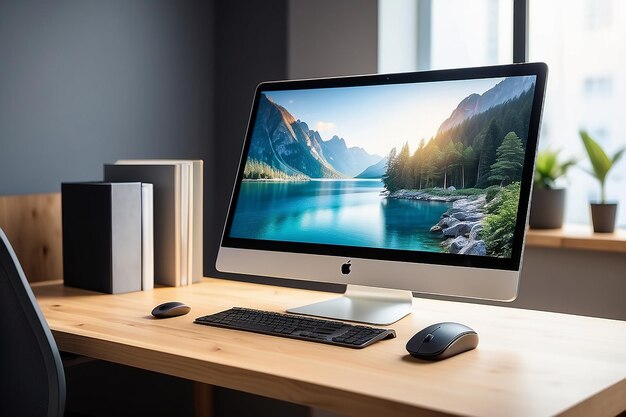 Leerer RaumHolz-Computer-Schreibtisch und Laptop mit leerem Bildschirm und drahtloser Maus im Büro mit modernem verschwommenem Hintergrundlicht Bokeh Bild