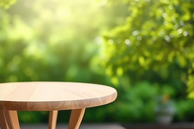 Leerer runder Holztisch, Frühlingsblüten mit grünem Naturhintergrund, generative KI
