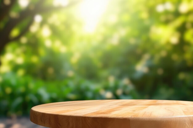 Leerer runder Holztisch, Frühlingsblüten mit grünem Naturhintergrund, generative KI