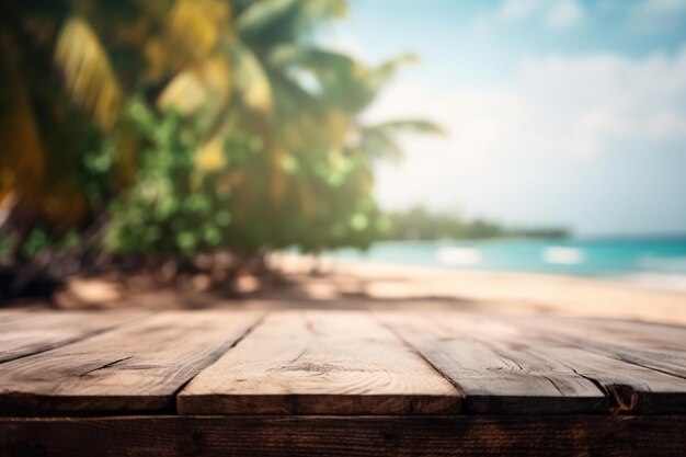 Leerer rustikaler Holztisch an einem tropischen, sonnigen Strand mit verschwommenem Hintergrund und generativer Illustration