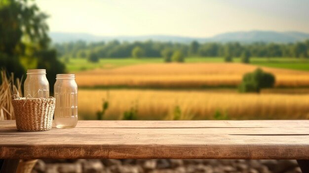 Foto leerer rustikaler tisch vor produktpräsentation und picknickkonzept im ländlichen hintergrund