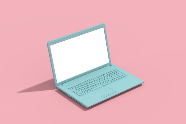 Leerer Schirm des grünen Laptops auf rosa, minimalem kreativem Konzept, Wiedergabe 3d