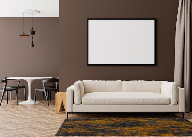 Leerer schwarzer Bilderrahmen an der braunen Wand im modernen Wohnzimmer Mock-up-Interieur im zeitgenössischen Stil Freier Speicherplatz für Ihr Bildplakat Sofa-Tischteppich 3D-Rendering