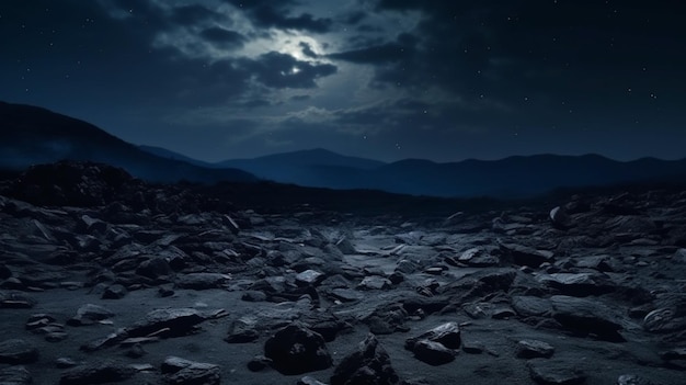 Leerer Steinboden schwarz mit hintergründiger, zerklüfteter Berglandschaft unter einem mondlich erleuchteten Himmel
