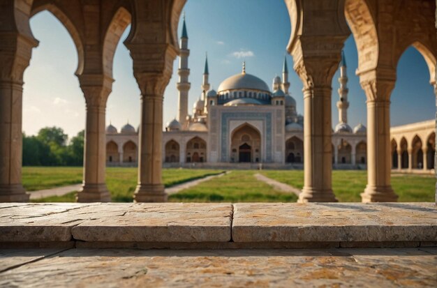 Leerer Steintafel mit einem verschwommenen Hintergrund von Wiesen und Moscheen