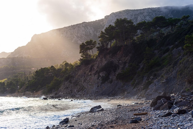 Leerer Strand in der Toskana Italien Sandbucht im Naturpark dramatische Küste felsige Landzunge Kiefernwald Mittelmeer blau wehendes Wasser