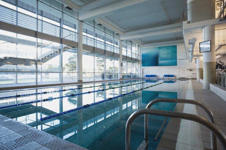 Foto leerer swimmingpool mit großen fenstern