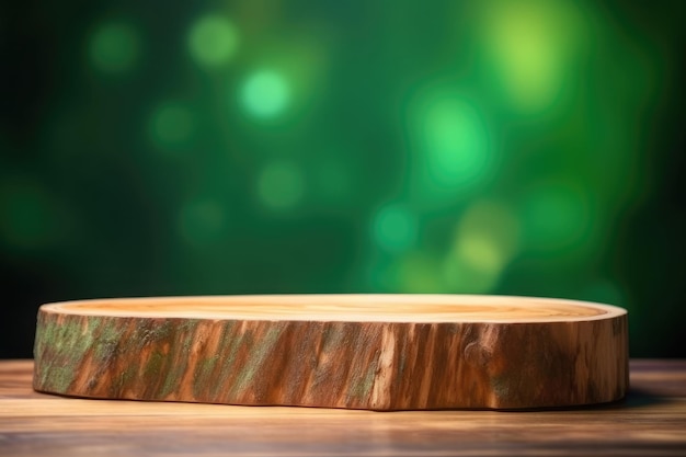 Leerer Tisch aus Holzbrett mit verschwommenem grünem Blatthintergrund