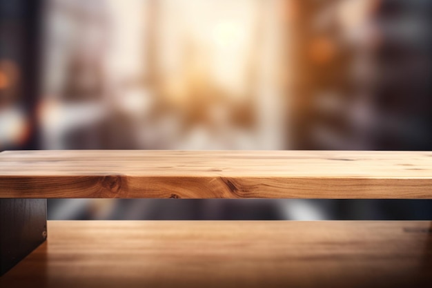 Leerer Tisch aus Holzbrett vor verschwommenem Hintergrund. Perspektive aus hellem Holz über Unschärfe im Wohnzimmer