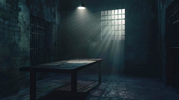 Leerer Tisch in der dunklen Gefängniszelle