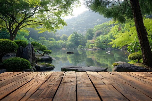 Leerer Tisch mit Wassergartenansicht im Hintergrund Zen-Oase