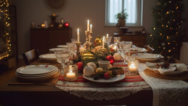 Leerer traditioneller Weihnachts-Dinner-Tisch in einem geschmückten Wohnzimmer mit Ferienkränzen Abendessen