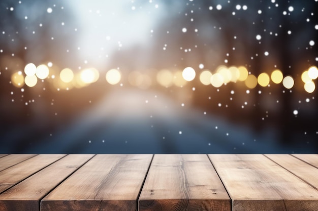Leerer, verschwommener Hintergrund mit schneebedeckten Straßenlaternen im Winter und Holztisch für neues Produkt