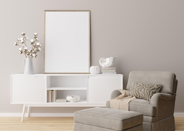 Leerer vertikaler Bilderrahmen an der cremefarbenen Wand im modernen Wohnzimmer Mock-up-Interieur im minimalistischen skandinavischen Stil Freier Kopierplatz für Bild Konsolensessel Baumwoll-Pflanzenvase 3D-Rendering