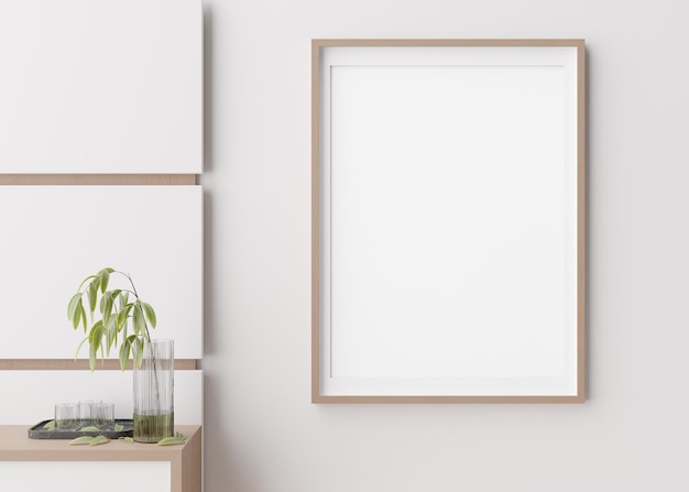 Leerer vertikaler Bilderrahmen, der an der weißen Wand hängt Vorlagenmodell für Ihr Kunstwerk, Bild oder Poster Leerer Kopierbereich Nahaufnahme Einfaches minimalistisches Mockup 3D-Rendering
