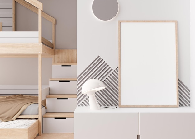 Leerer vertikaler Bilderrahmen, der auf dem Sideboard im modernen Kinderzimmer steht Mock-up-Interieur im zeitgenössischen skandinavischen Stil Leerer Kopierbereich für Bild Gemütliches Zimmer für Kinder 3D-Rendering