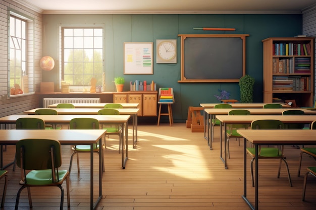 Leerer, voll ausgestatteter Klassenraum im Schulgebäude, bereit für die Rückkehr in die Schule